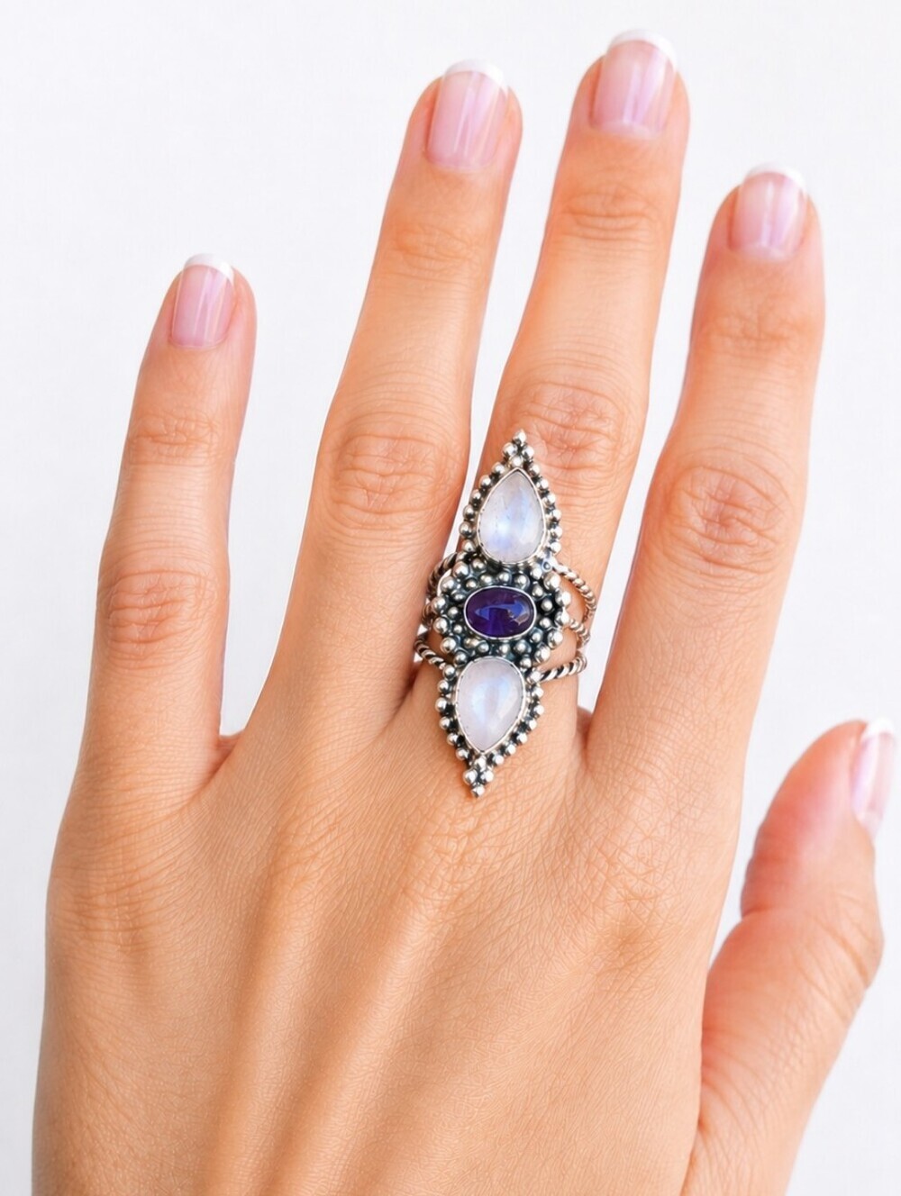 Handmade Moonstone, Rose Quartz & Amethyst Sterling Silver Ring – Size 9